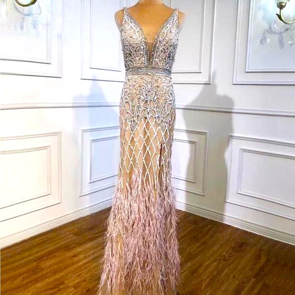 Stunning formal beaded and feather dress, size 12